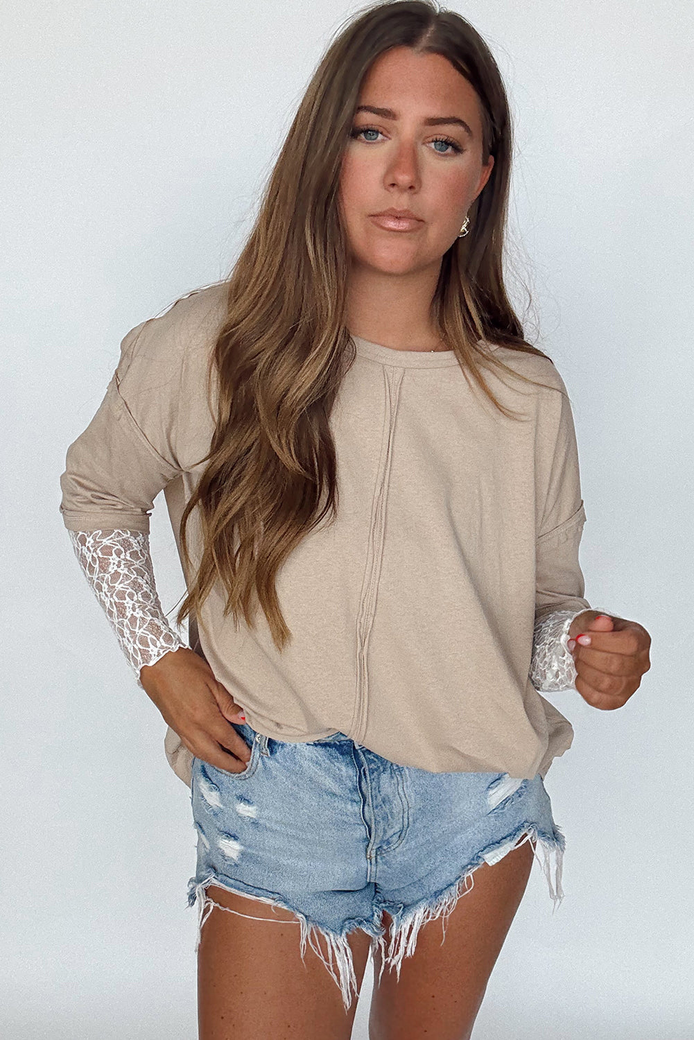 Parchment Raw Hem Detail Lace Patchwork Long Sleeve Tee