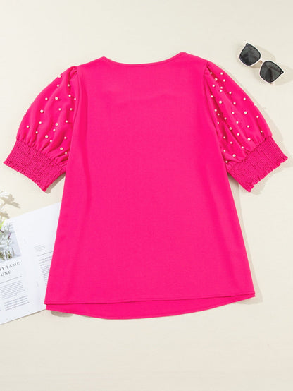 Rose Red Jeweled Puff Sleeve Plus Size Blouse