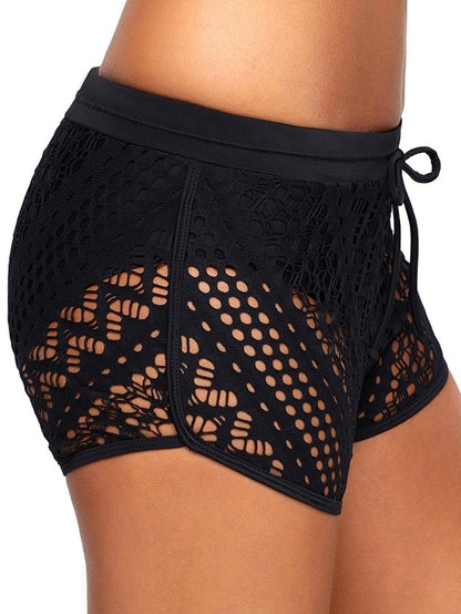 Lace Overlay Black Swim Trunk with Hollow Out Design