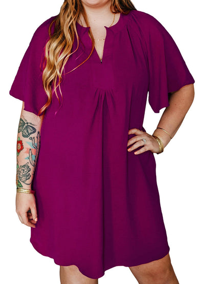 Rose Red Notched Neck Wide Sleeve Pleated Plus Size Dress