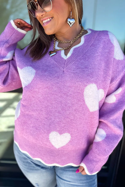 Purple Scalloped V Neck Heart Pattern Plus Size Sweater