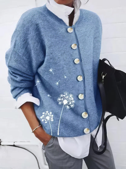 Dandelion Print Button Long Sleeve Cardigan