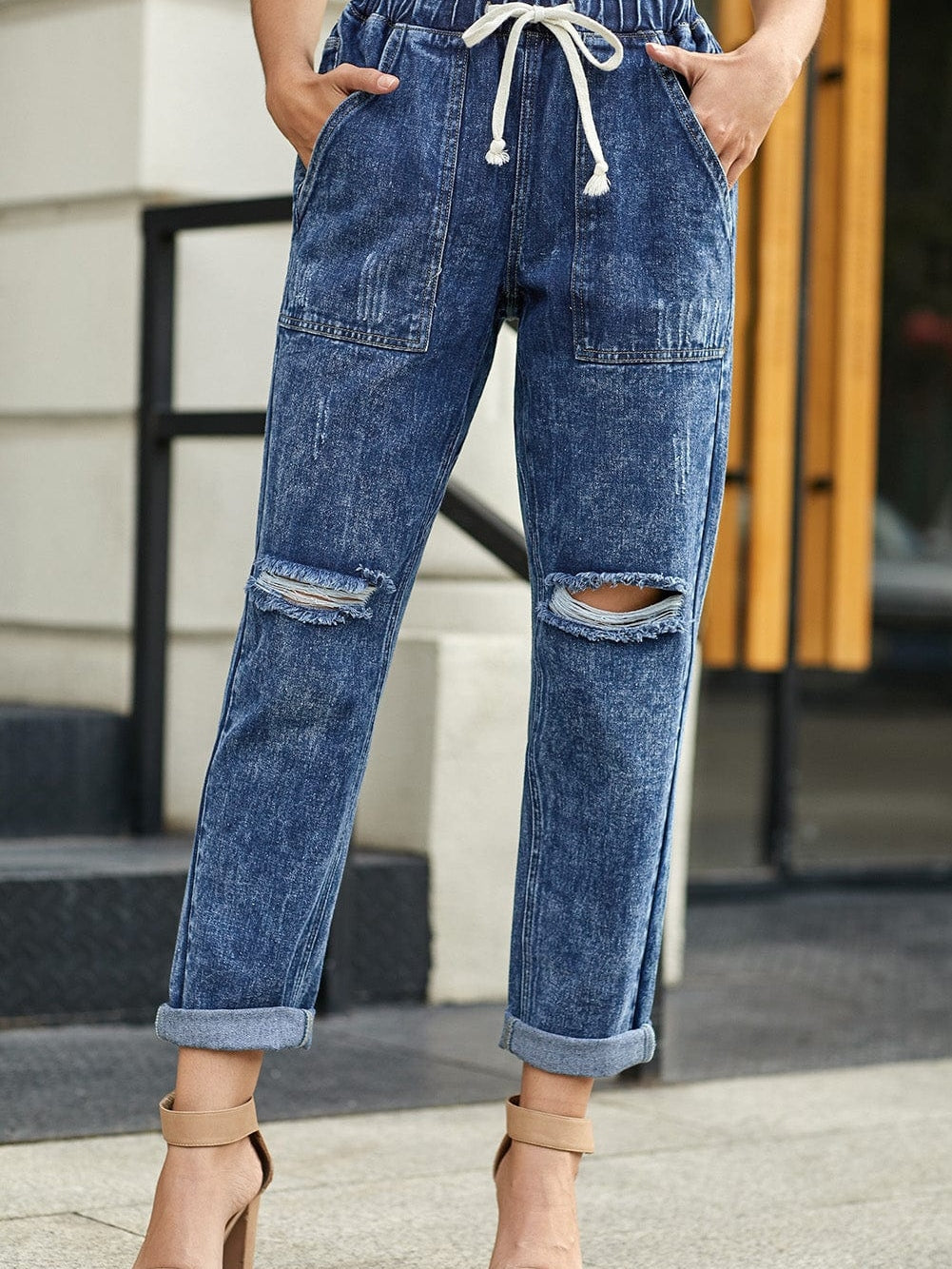 Dark Blue Gather Round Distressed Pocketed Denim Jogger