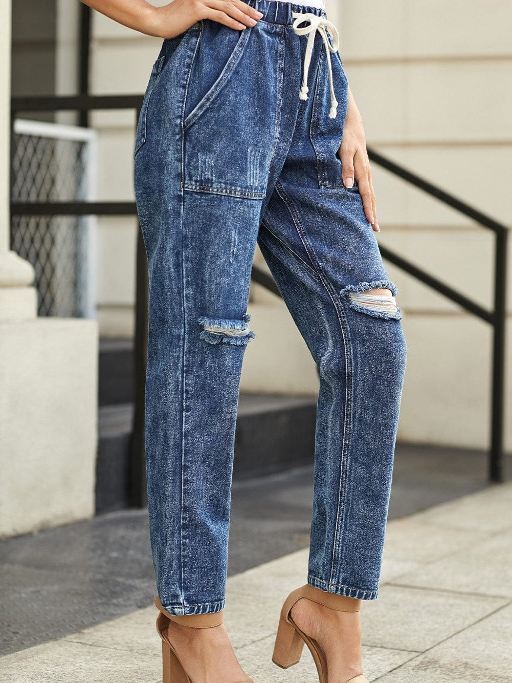 Dark Blue Gather Round Distressed Pocketed Denim Jogger