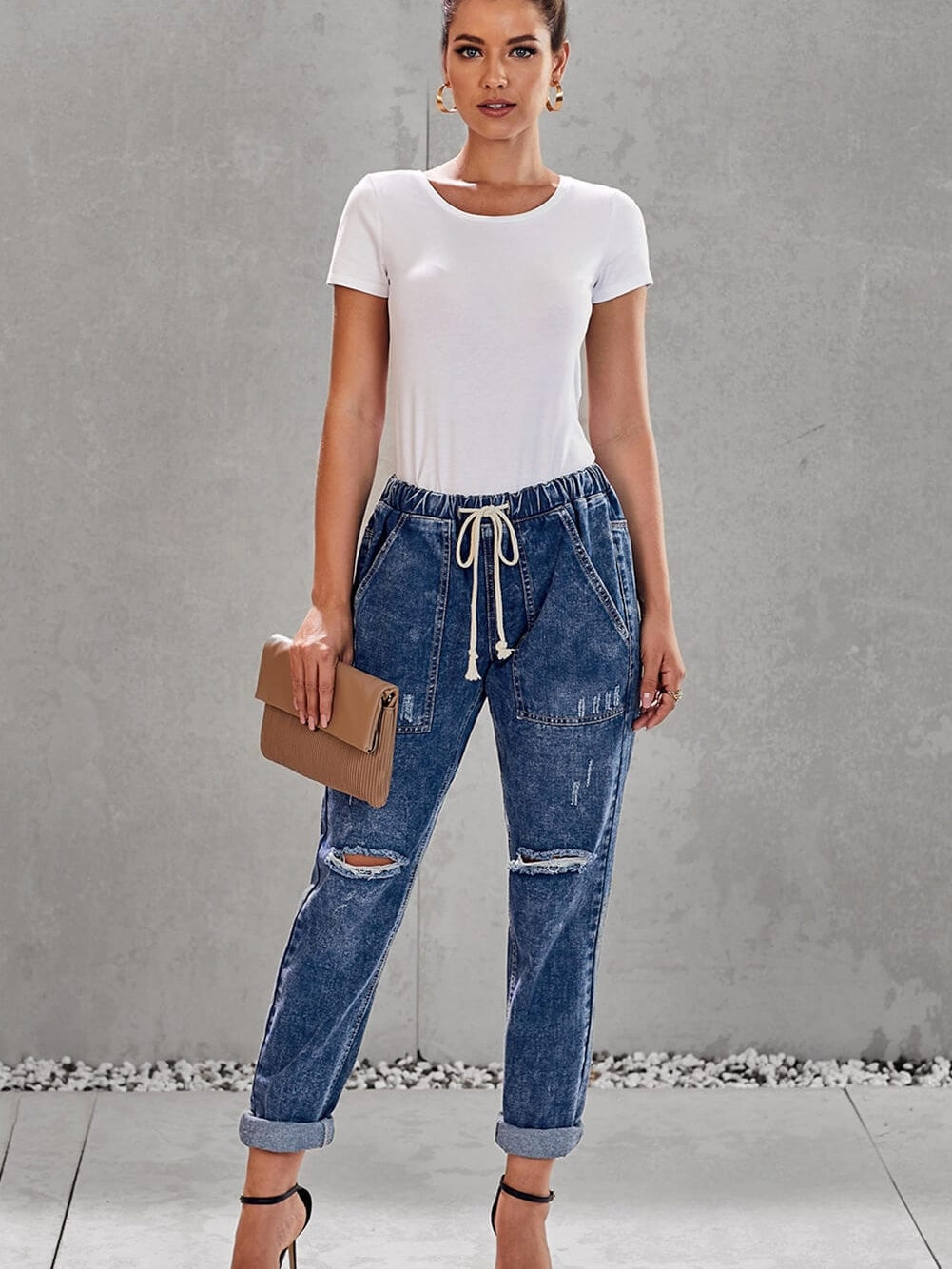 Dark Blue Gather Round Distressed Pocketed Denim Jogger