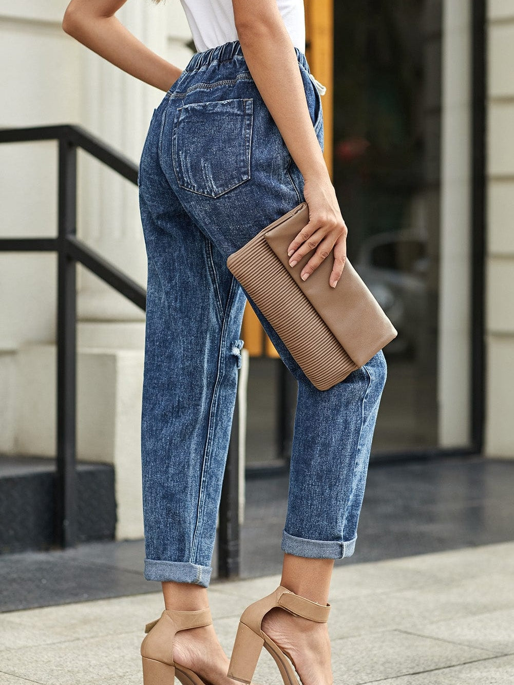 Dark Blue Gather Round Distressed Pocketed Denim Jogger