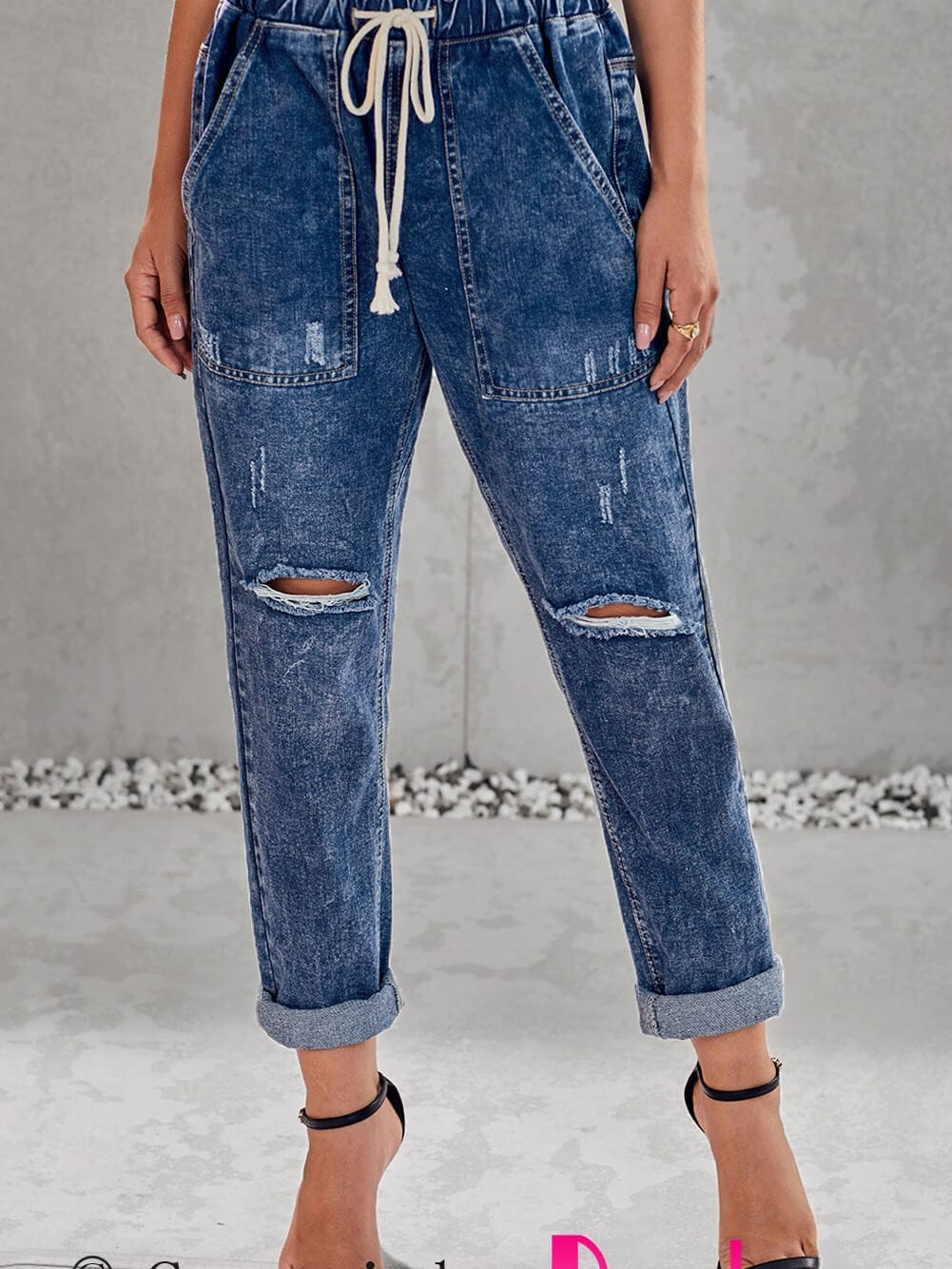 Dark Blue Gather Round Distressed Pocketed Denim Jogger