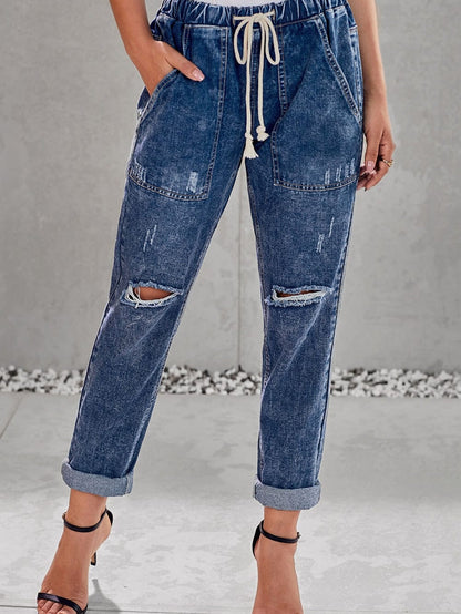 Dark Blue Gather Round Distressed Pocketed Denim Jogger