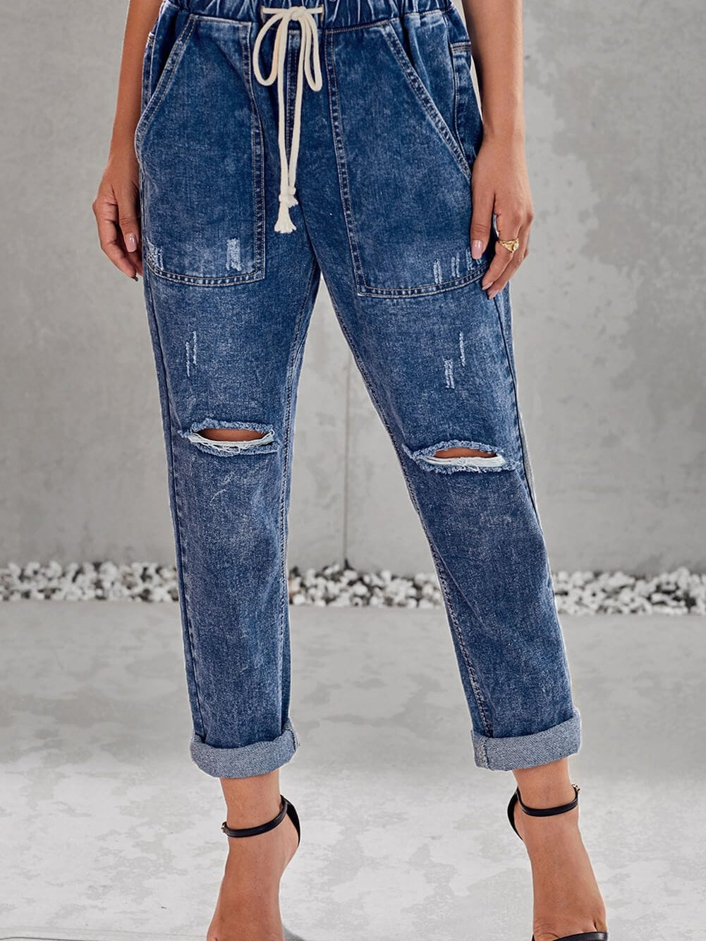 Dark Blue Gather Round Distressed Pocketed Denim Jogger