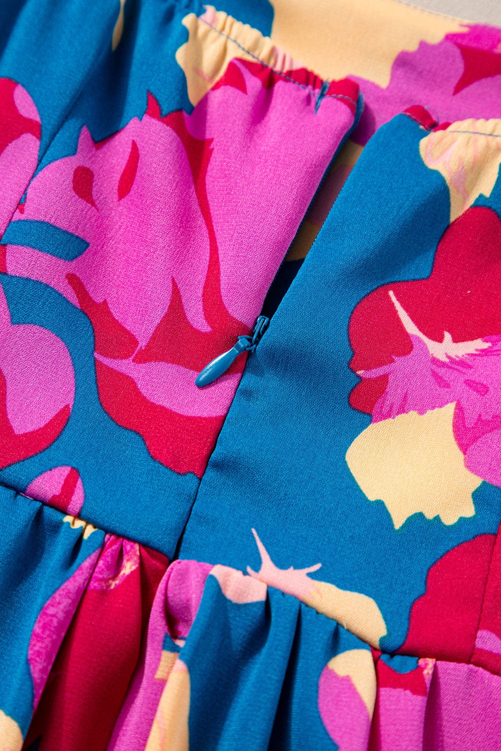 Dark Blue Square Neck Floral Dress with Bubble Sleeves and Ruffled Hem