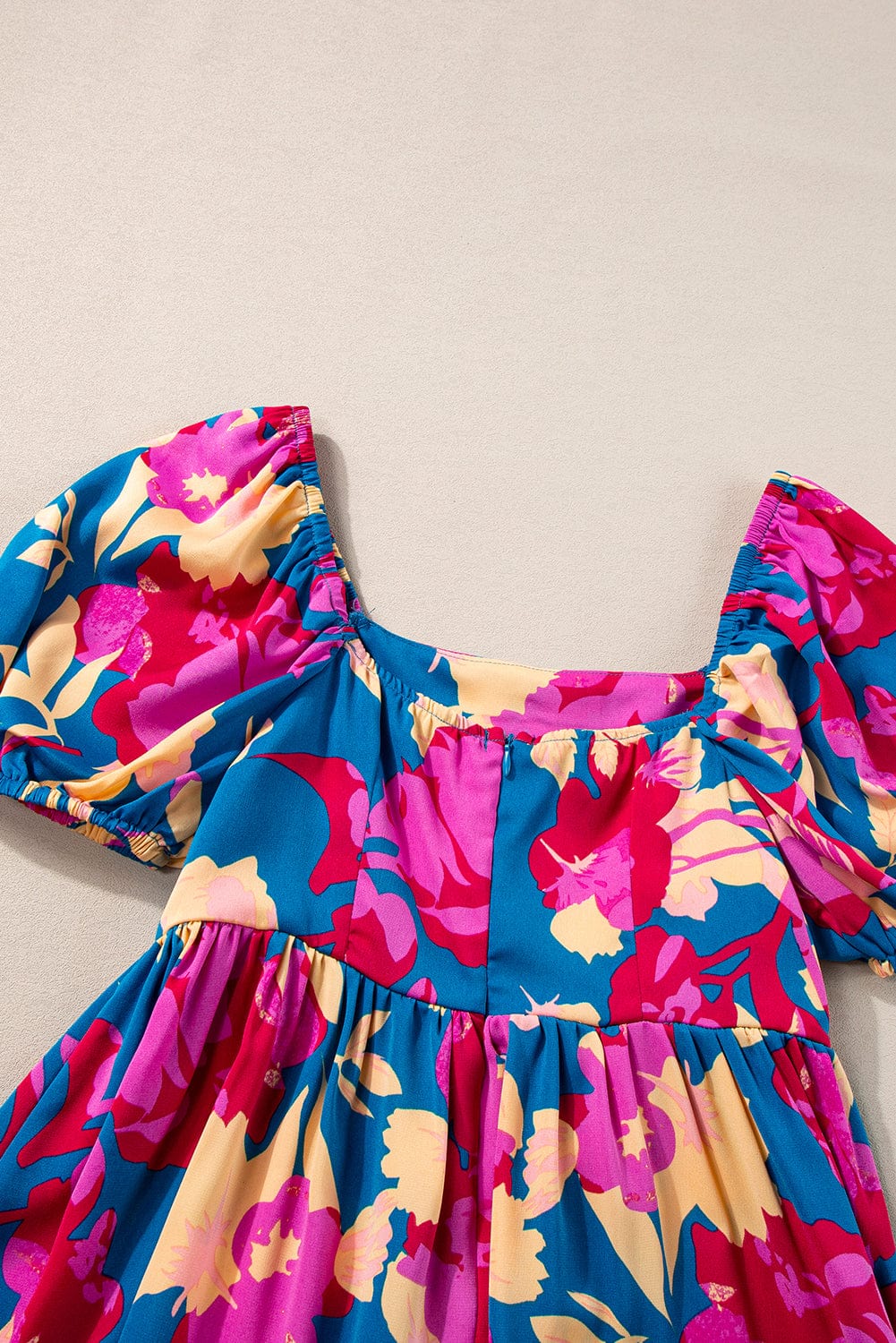 Dark Blue Square Neck Floral Dress with Bubble Sleeves and Ruffled Hem