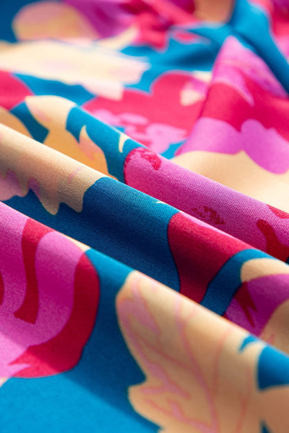 Dark Blue Square Neck Floral Dress with Bubble Sleeves and Ruffled Hem