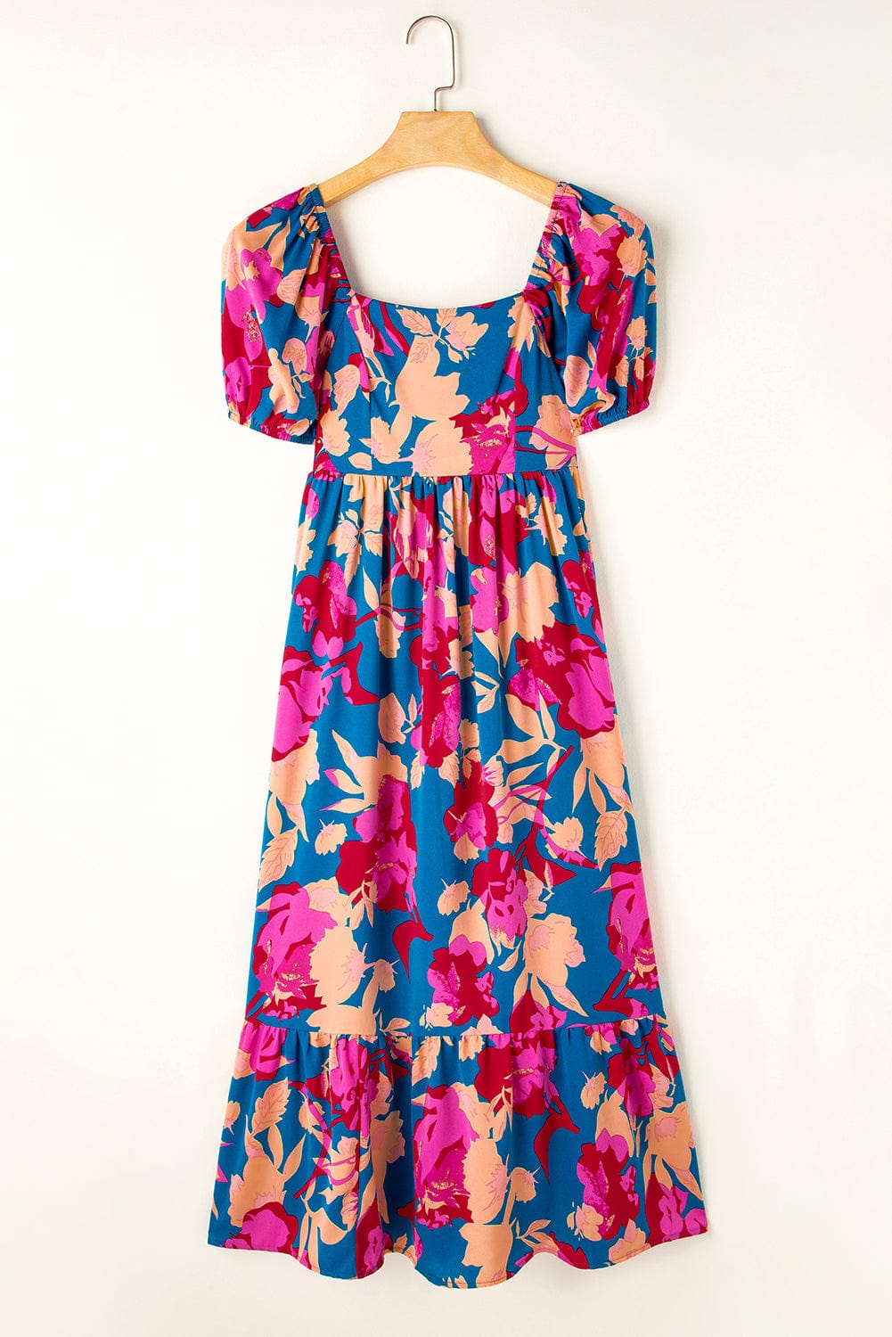 Dark Blue Square Neck Floral Dress with Bubble Sleeves and Ruffled Hem
