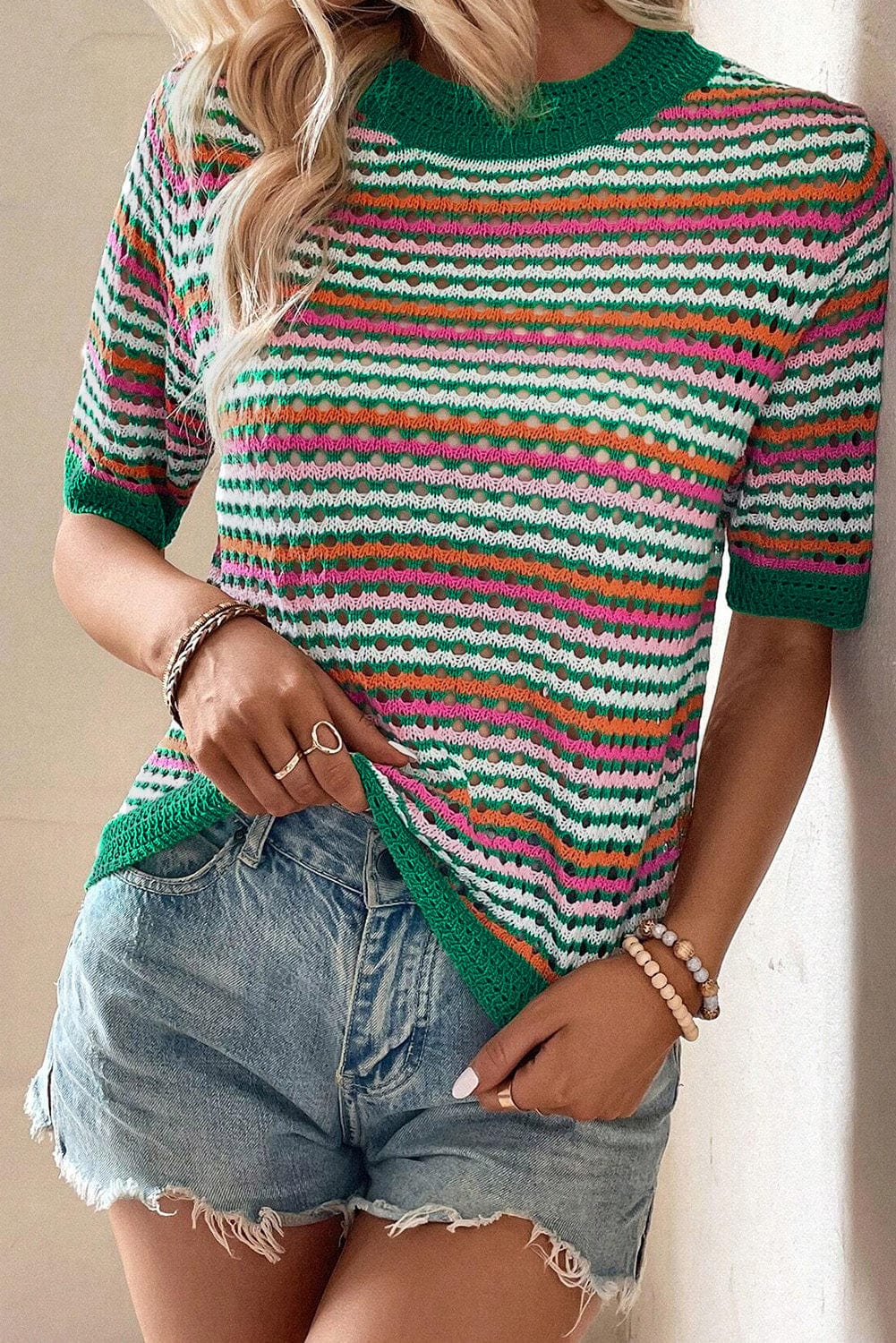 Dark Green Striped Pointelle Knit T-Shirt with Color Block Detail