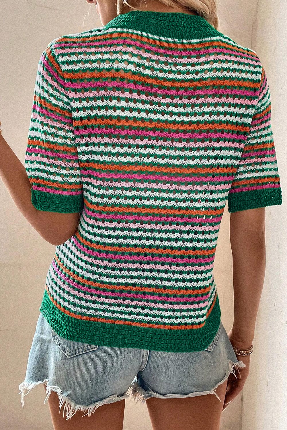 Dark Green Striped Pointelle Knit T-Shirt with Color Block Detail