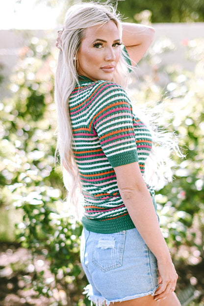 Dark Green Striped Pointelle Knit T-Shirt with Color Block Detail