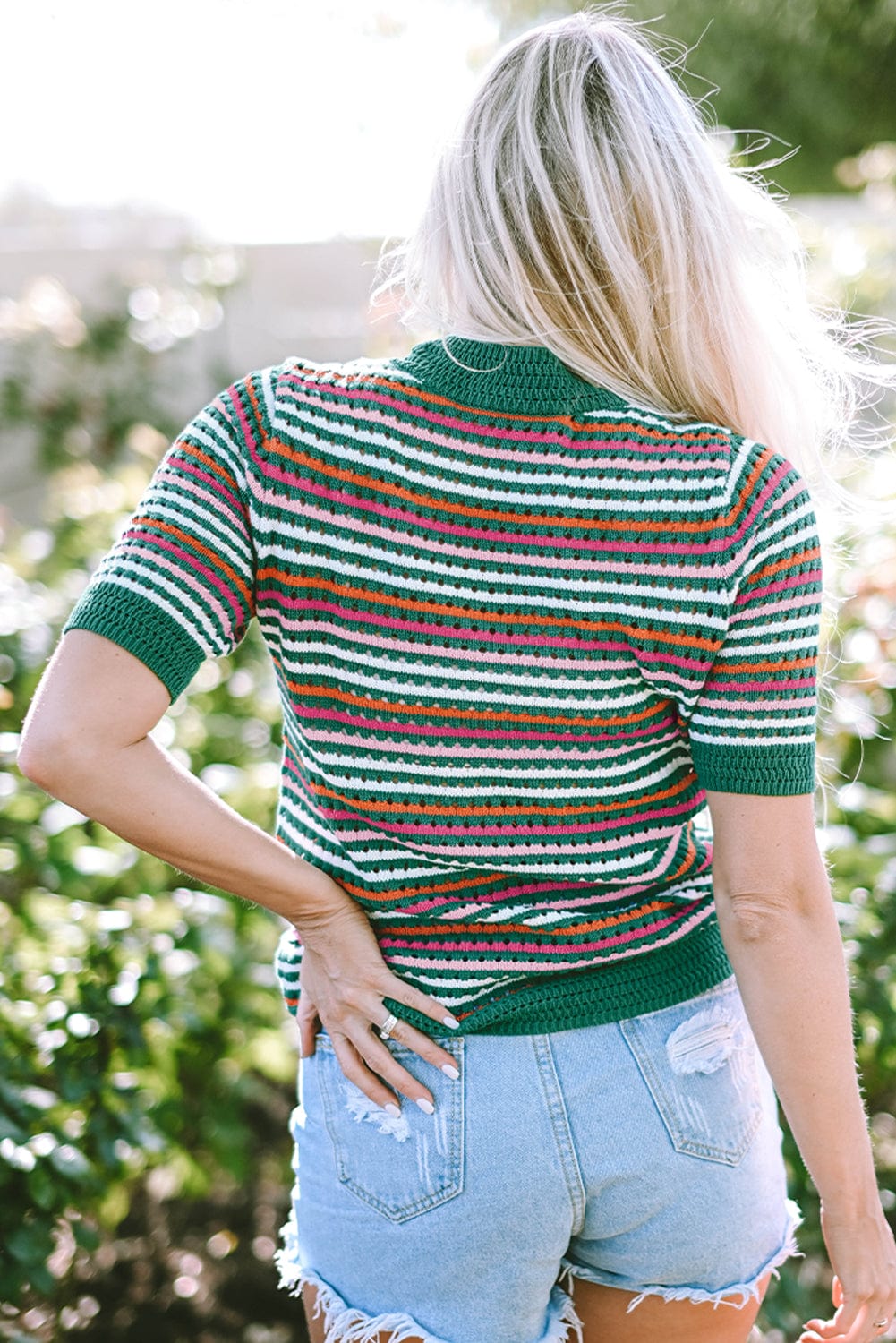 Dark Green Striped Pointelle Knit T-Shirt with Color Block Detail