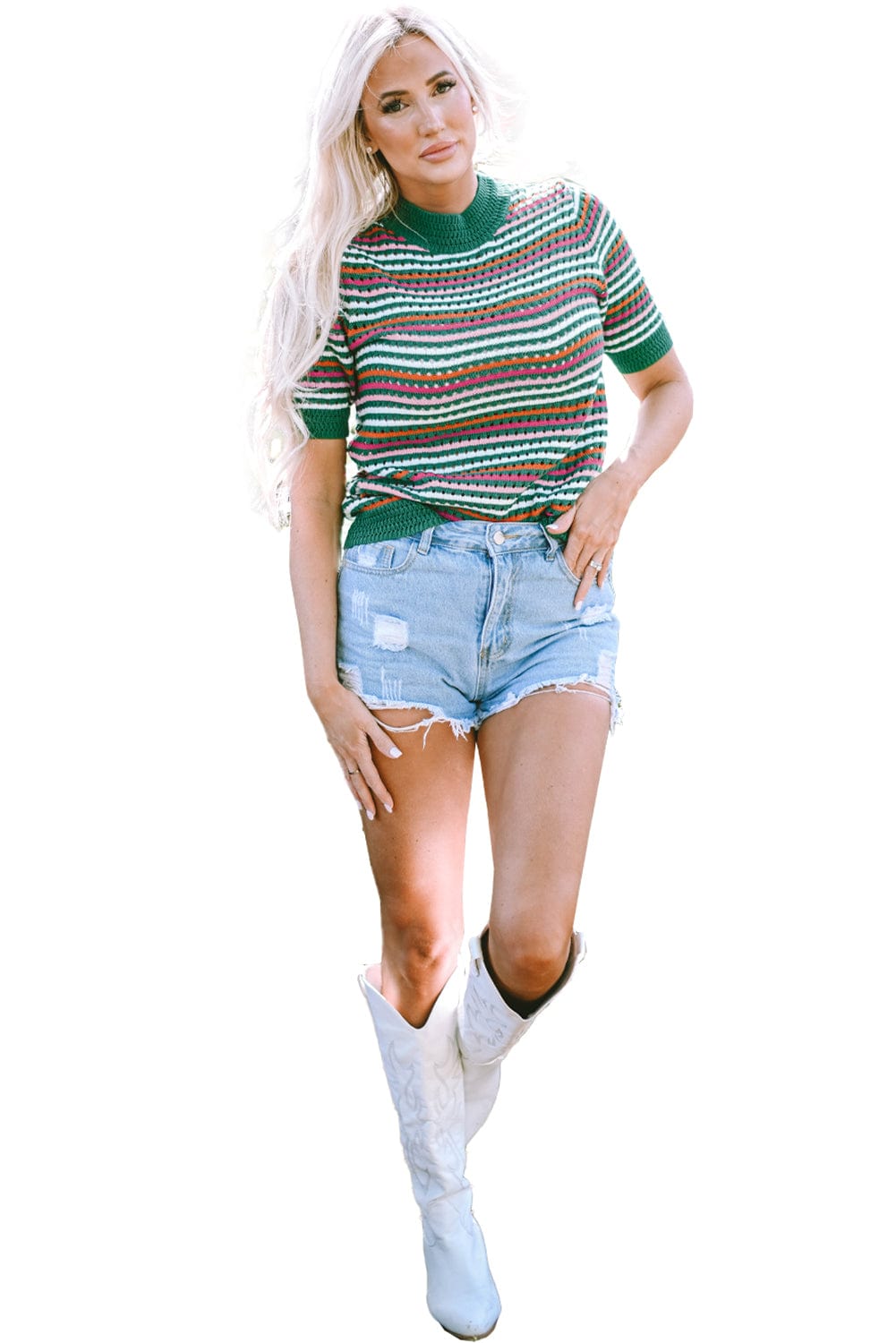 Dark Green Striped Pointelle Knit T-Shirt with Color Block Detail