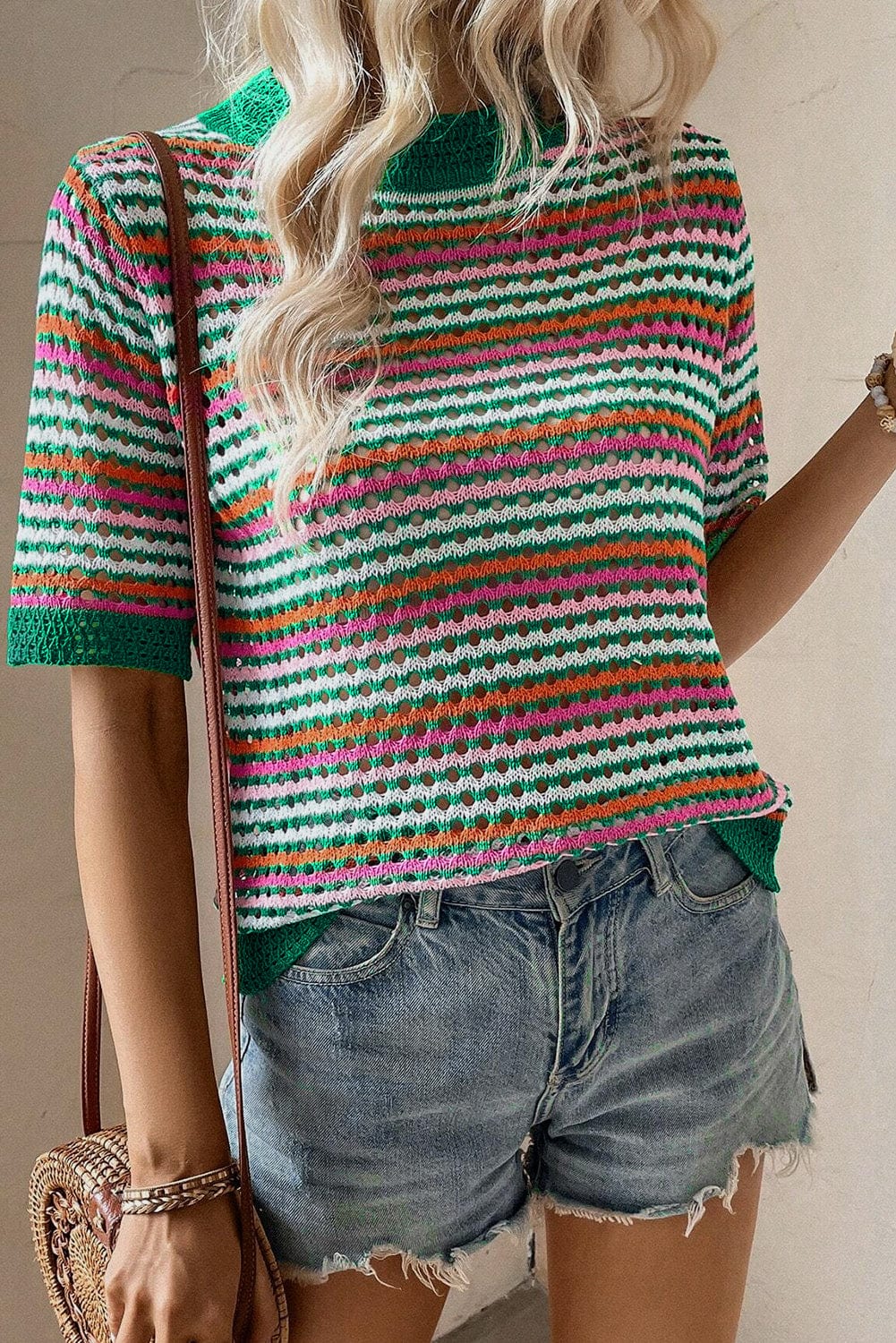 Dark Green Striped Pointelle Knit T-Shirt with Color Block Detail