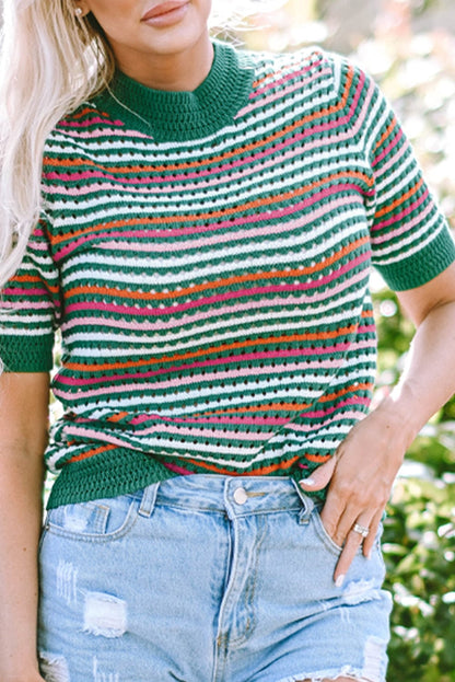 Dark Green Striped Pointelle Knit T-Shirt with Color Block Detail