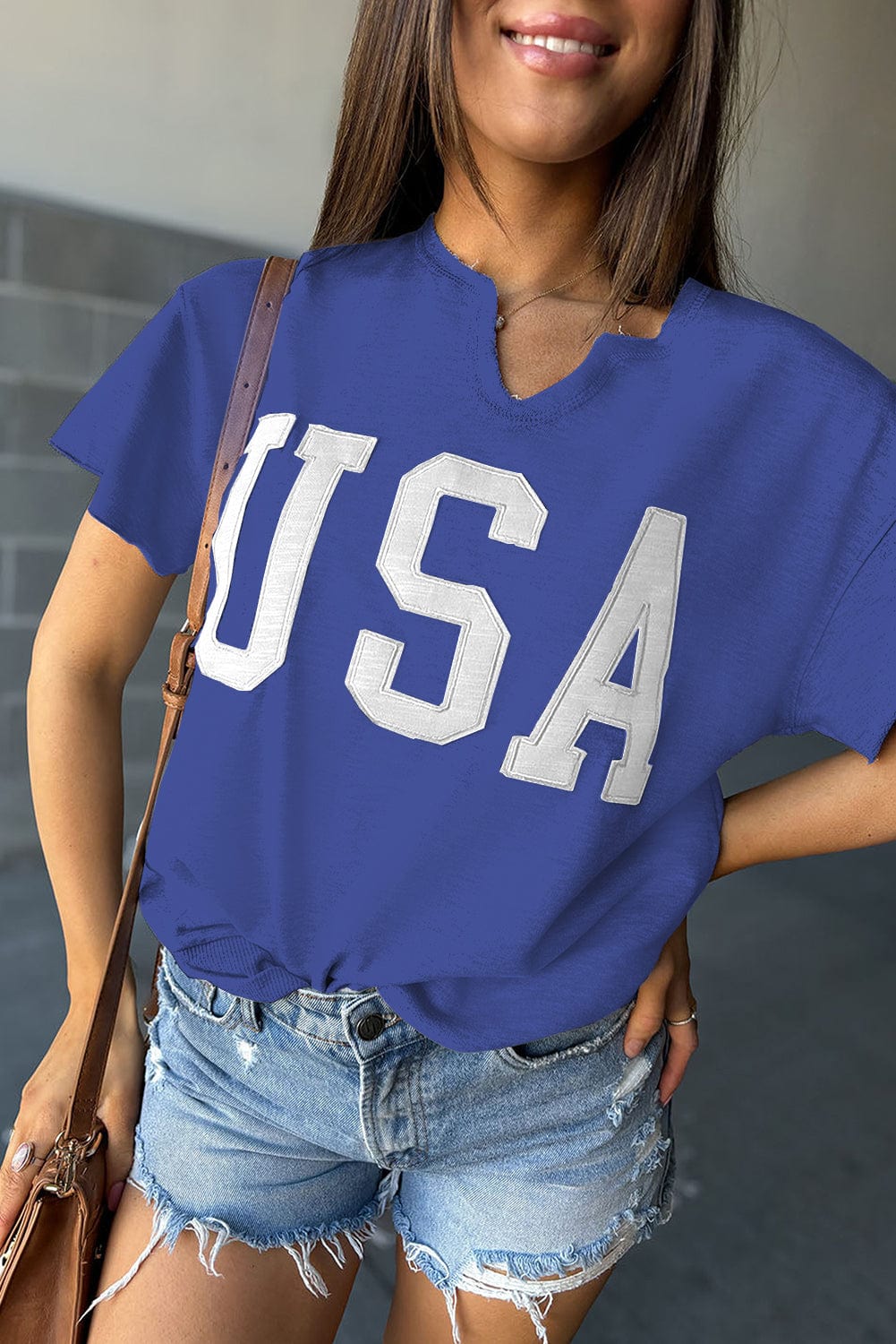 Dark Navy American Flag Patch V-Neck Casual Tee
