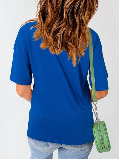 Dark Navy Longline Short Sleeve Split Hem Drop Shoulder Tee