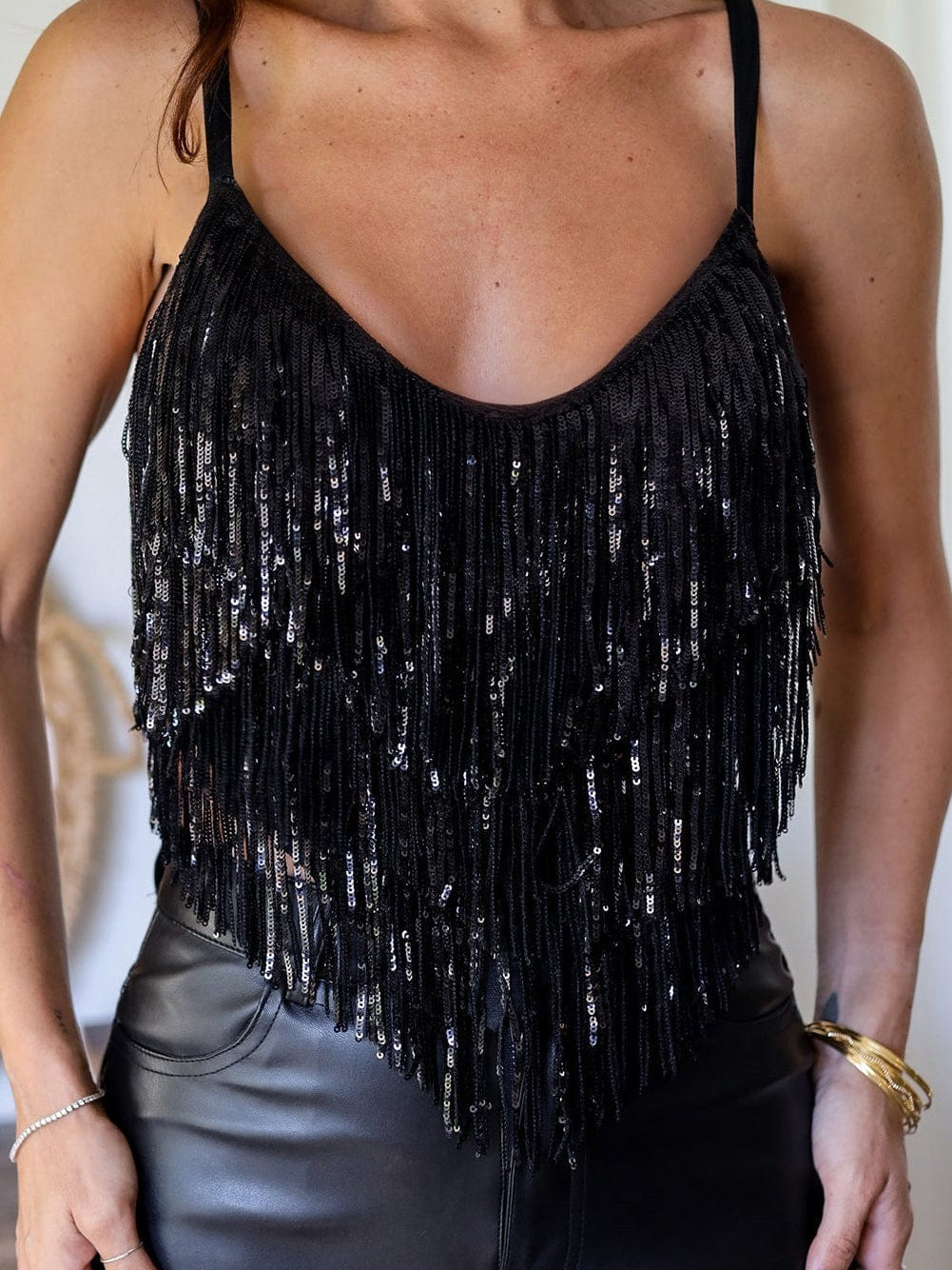 Dazzling Black Sequin Fringed Tank Crop Top