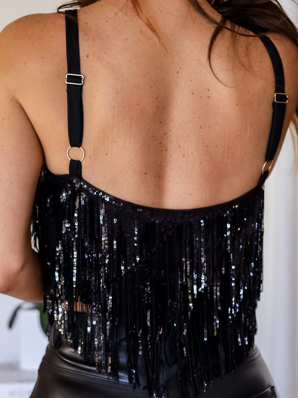 Dazzling Black Sequin Fringed Tank Crop Top