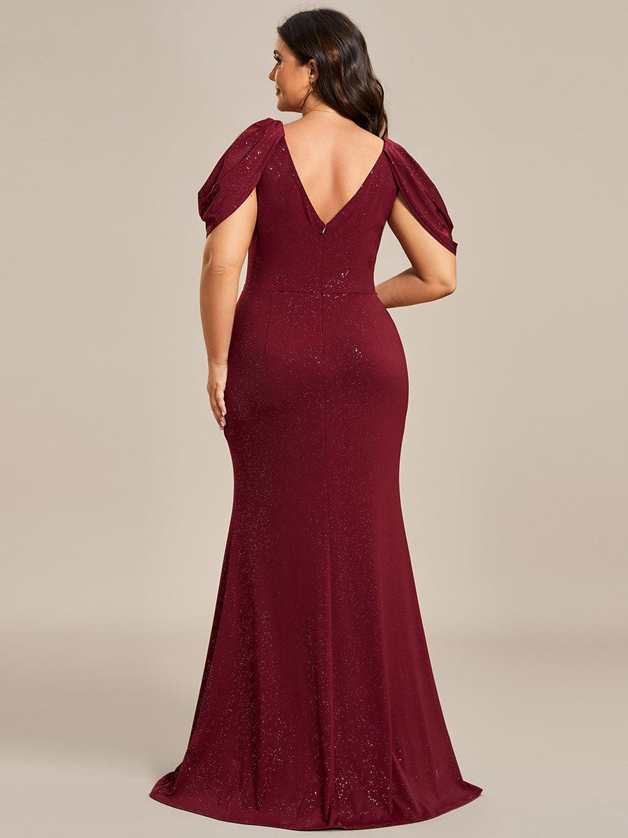 Dazzling Glittery Evening Gown with Cold Shoulder and Puff Sleeves