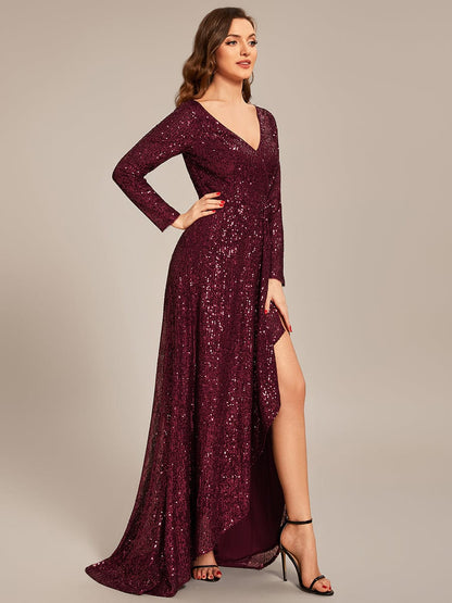 Dazzling Paillette A-Line Evening Dress with Deep V-Neck and Split Sleeves
