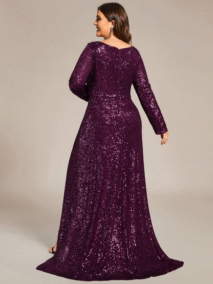 Dazzling Paillette A-Line Evening Dress with Deep V-Neck and Split Sleeves