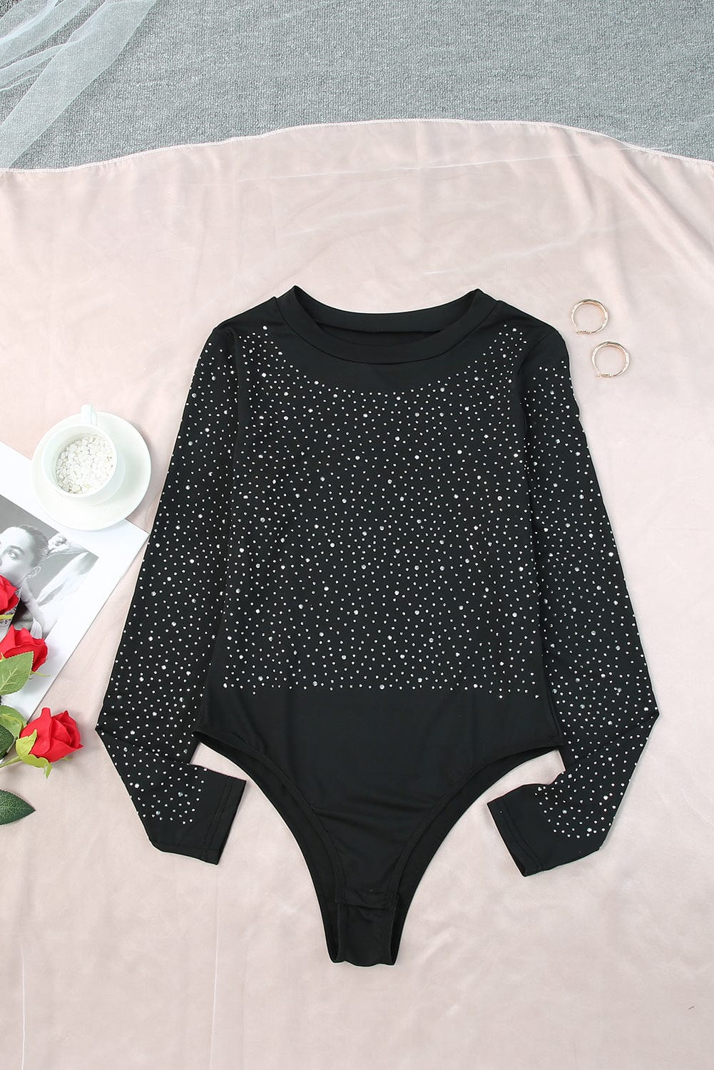 Dazzling Rhinestone Embellished Long Sleeve Bodysuit