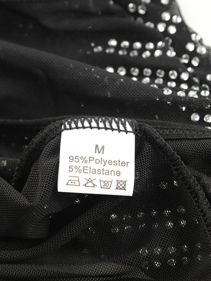 Dazzling Rhinestone Embellished Sheer Mesh Long Sleeve Bodysuit