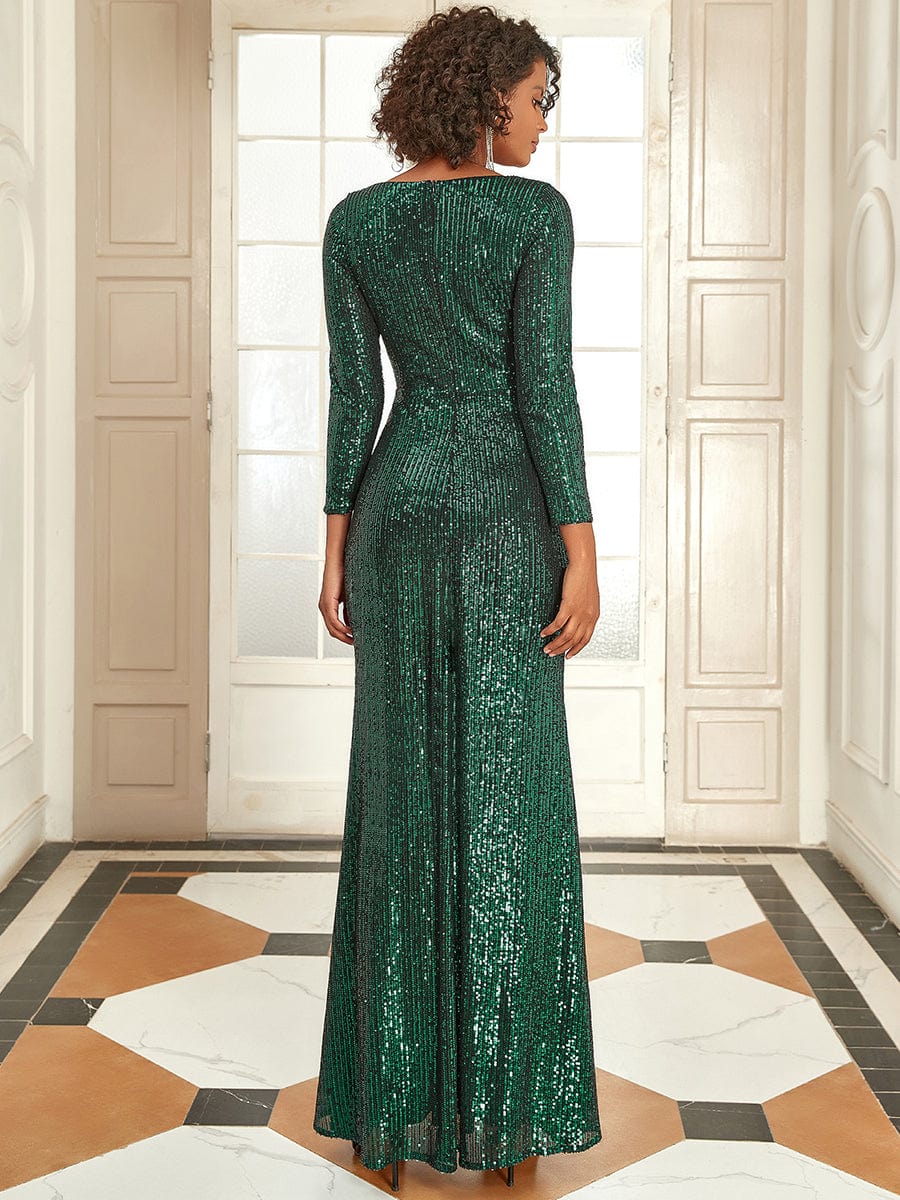 Dazzling V-Neck Sequin Evening Dress with Long Sleeves