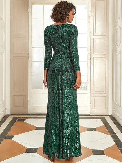 Dazzling V-Neck Sequin Evening Dress with Long Sleeves