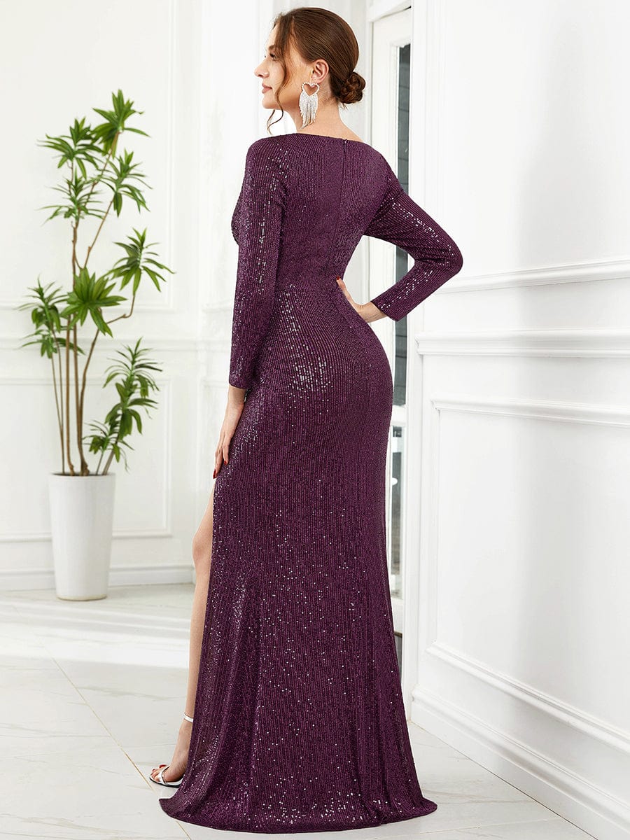 Dazzling V-Neck Sequin Evening Dress with Long Sleeves