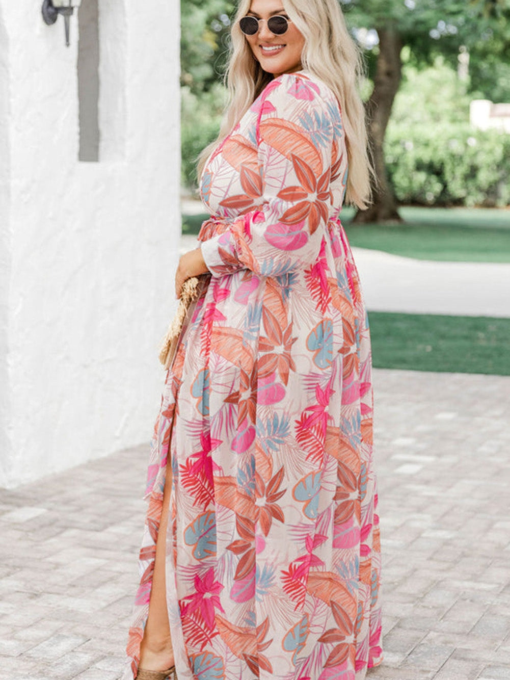 Tropical Print V-Neck Maxi Dress with High Waist Tie - Plus Size
