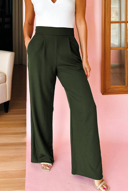 Four Leaf Clover Pleated Detail Pull On High Elastic Waist Loose Straight Pants