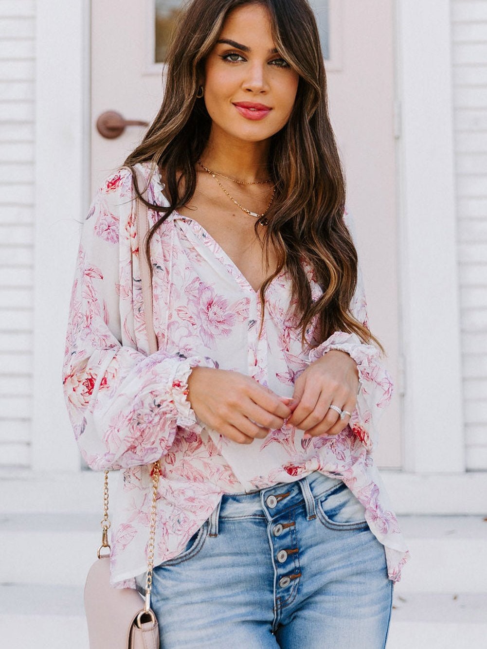 Floral Blossom V-Neck Ruffle Sleeve Blouse