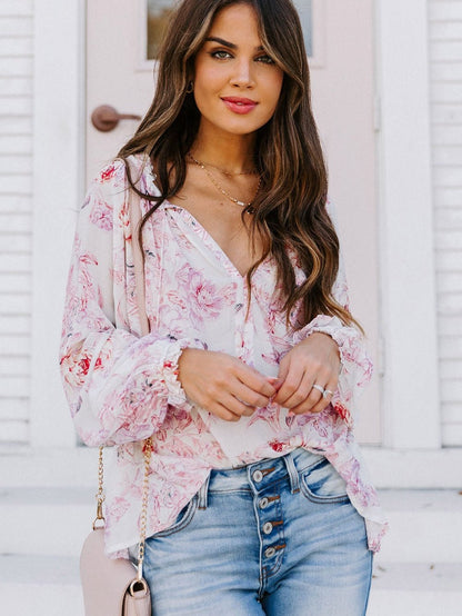 Floral Blossom V-Neck Ruffle Sleeve Blouse