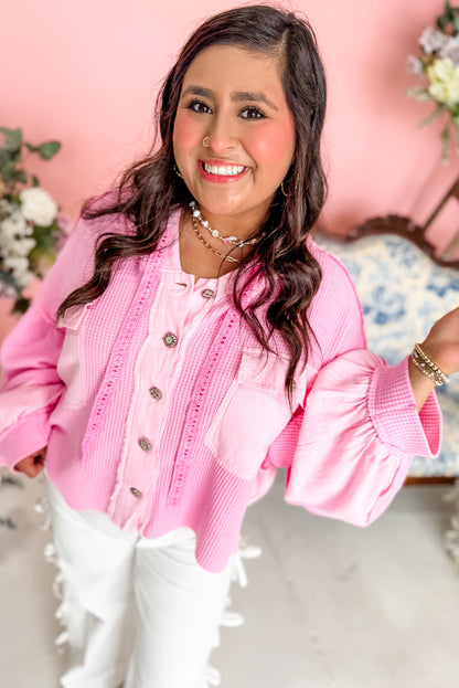 Bonbon Mix Texture Waffle Color Block Patchwork Hooded Shacket