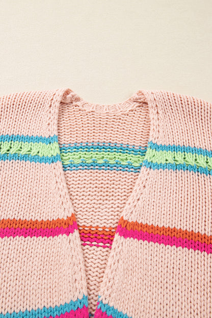 Multicolour Open Front Striped Pattern Knit Oversize Cardigan