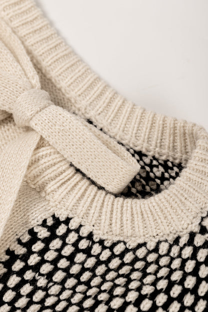 Elegant Black Patchwork Tie-Back Sweater