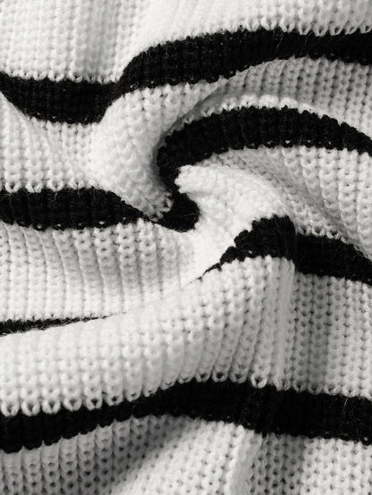 Elegant White Striped Half Zip Stand Neck Sweater Tee