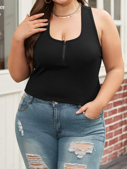 Black Zipper Front Racerback Tank Top for Plus Size Women
