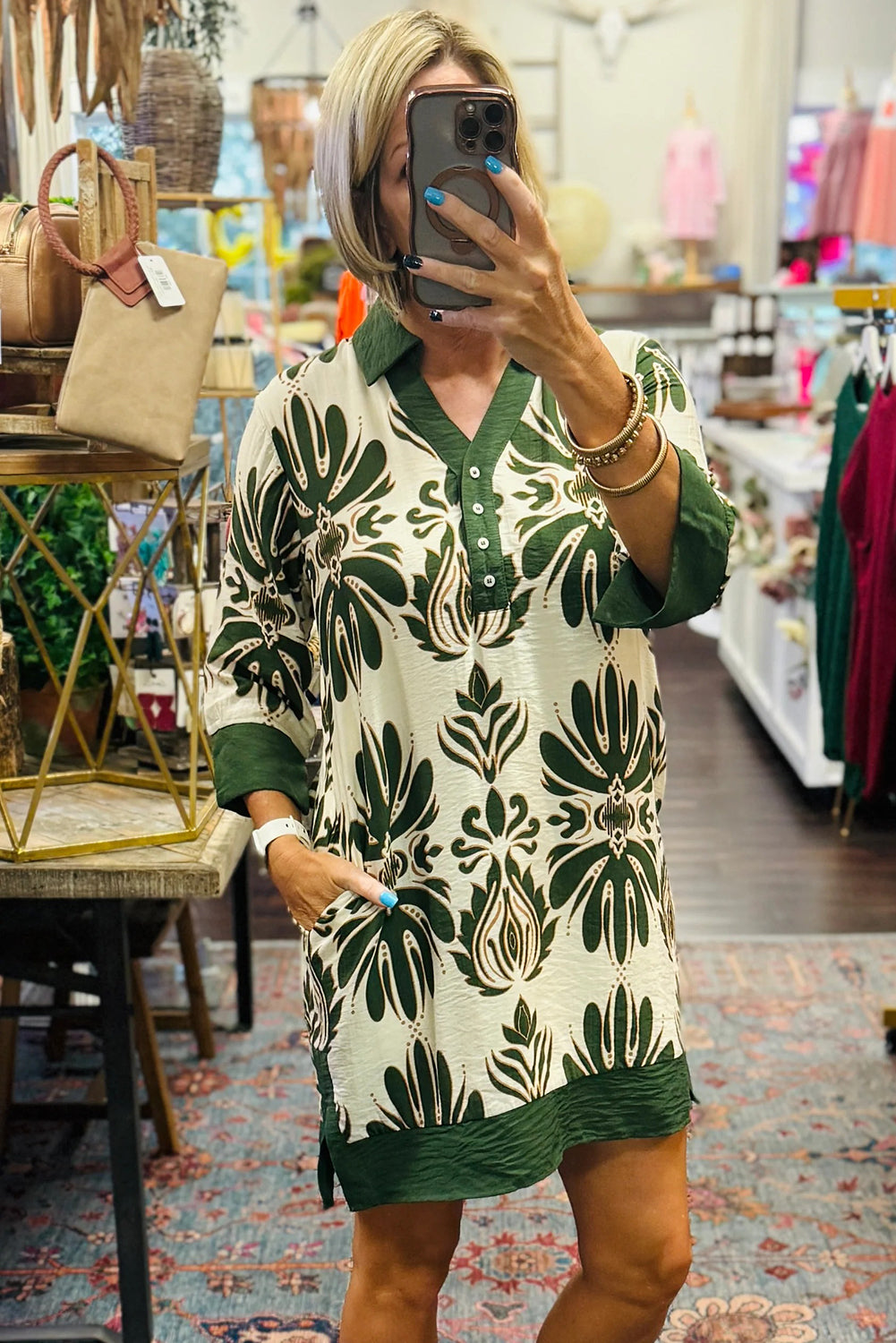 Green Vacation Floral Print Color Block Trim Shirt Collar 3/4 Sleeve Shift Mini Dress