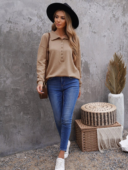 Elegant Khaki Knit Top with Chic Turn-down Neck