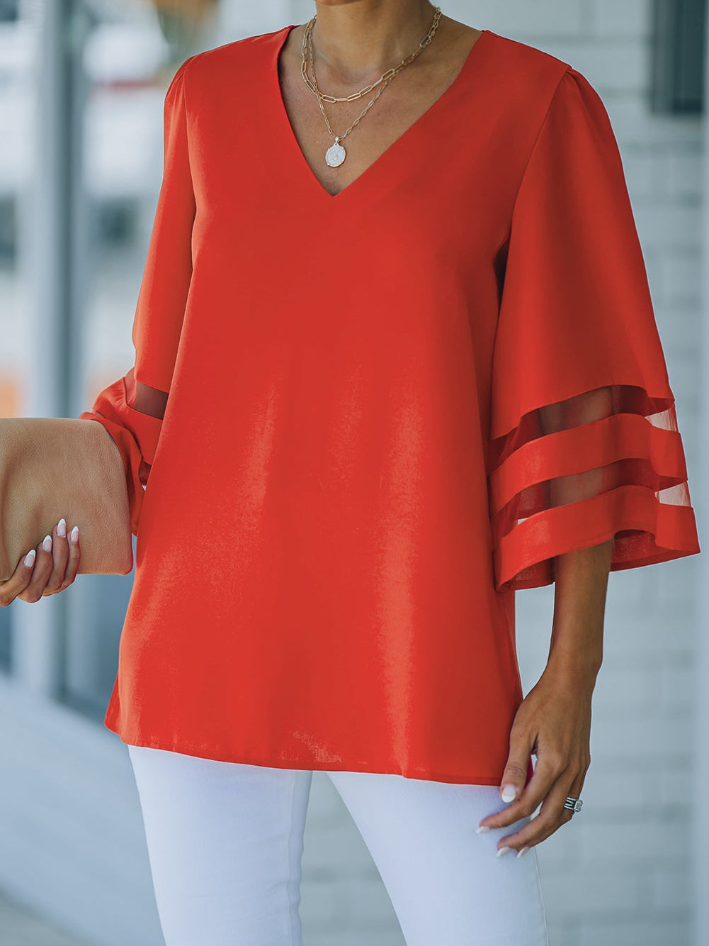 Fiery Crimson V Neck Blouse with Flare Sleeves