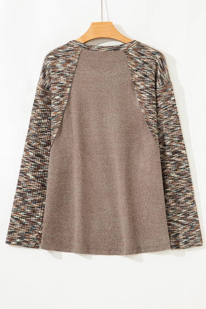 Dark Khaki Contrast Trim V Neck Long Sleeve Patchwork Loose Top