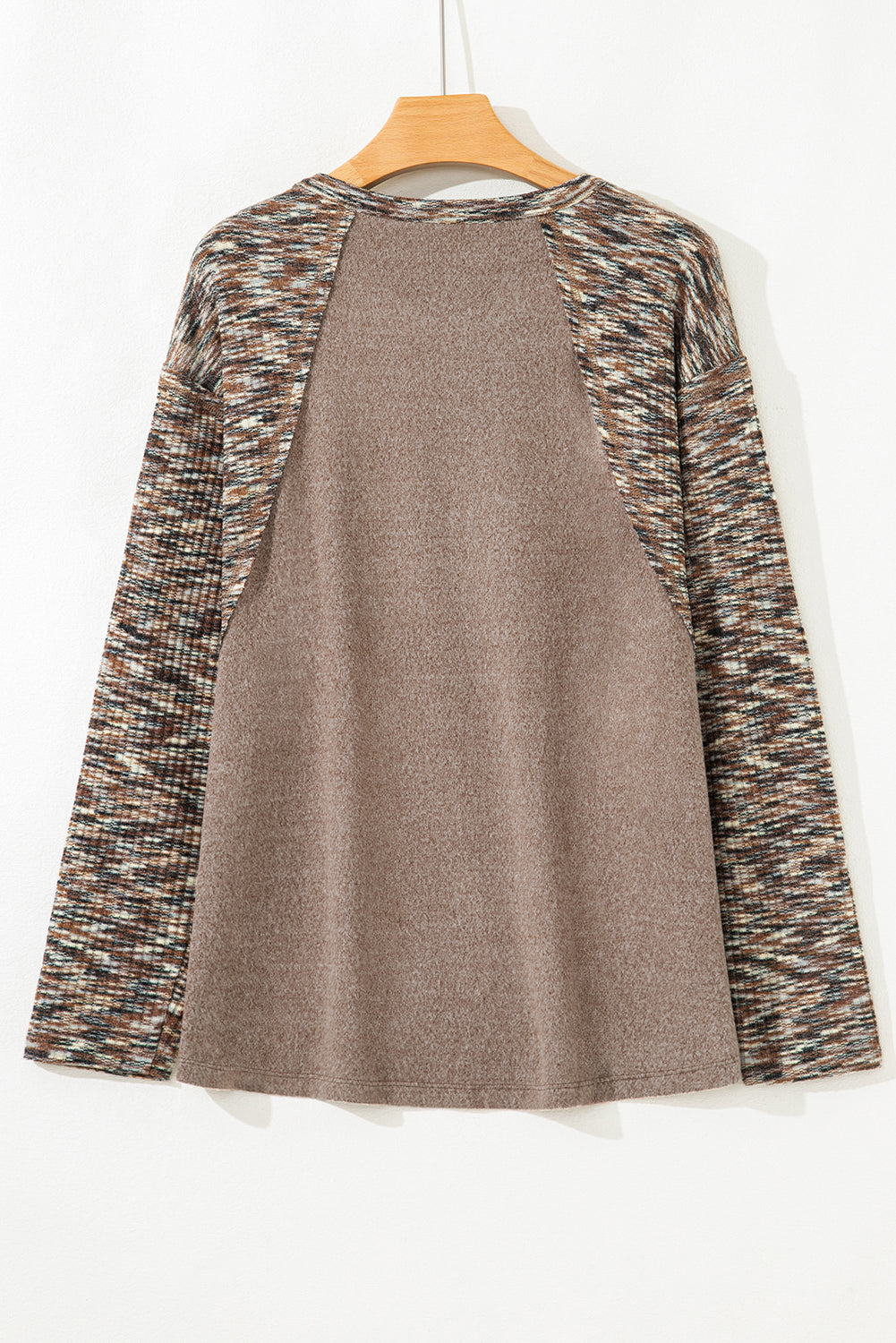 Dark Khaki Contrast Trim V Neck Long Sleeve Patchwork Loose Top